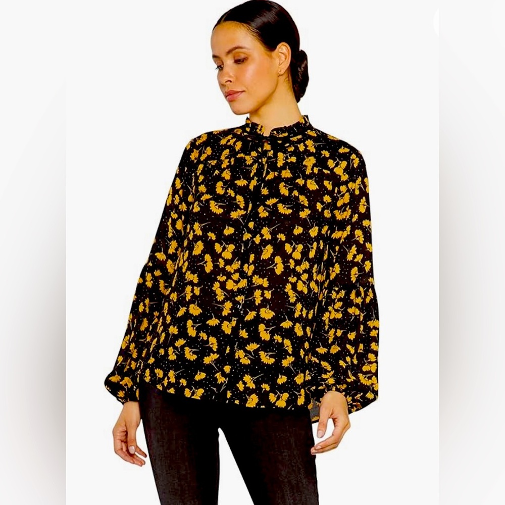Floral ballon sleeve blouse - black and yellow-